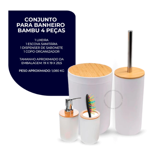 Kit Banheiro Completo Lixeira C/ Tampa Detalhes Em Bambu Luxo