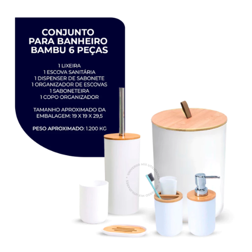 Kit Banheiro Completo Lixeira C/ Tampa Detalhes Em Bambu Luxo
