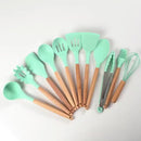 Jogo de Cozinha Kit C/12 Pçs de Silicone Utensílios e Copo Suporte para Cozinha Cabo de Madeira