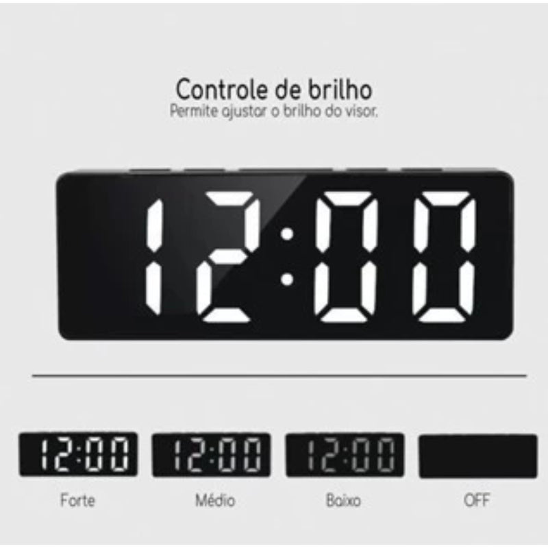 Relógio Despertador ESPELHADO Digital De Mesa 16X2.5X6cm Alarme Temperatura Pilha AAA Usb Preto Com Led