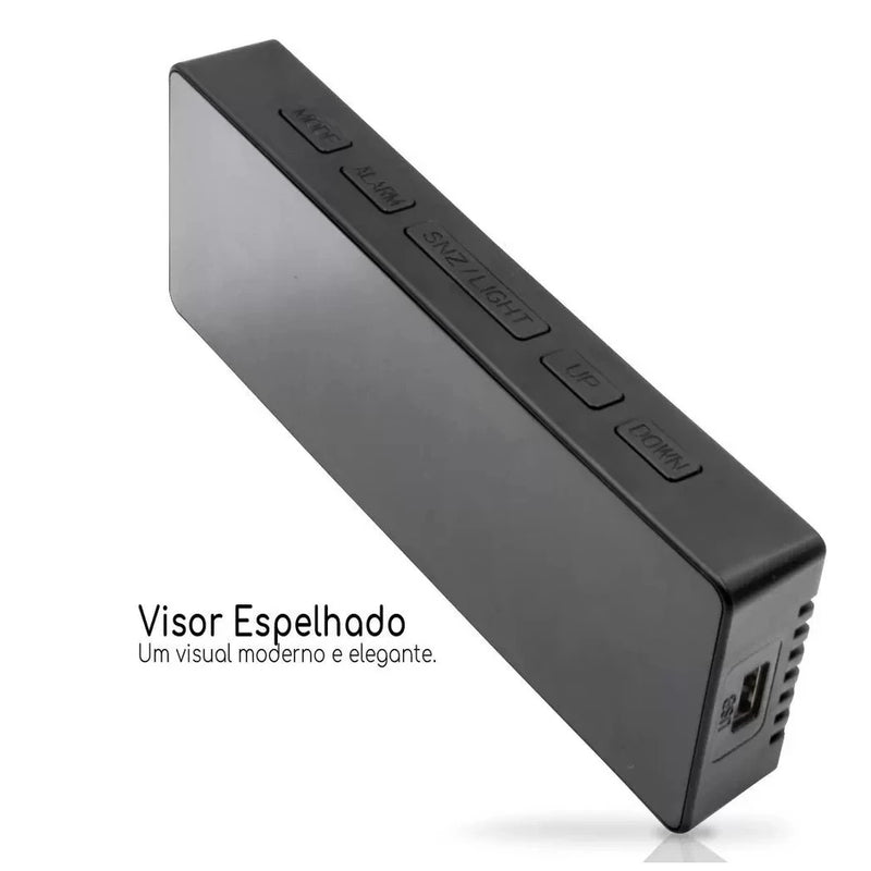 Relógio Despertador ESPELHADO Digital De Mesa 16X2.5X6cm Alarme Temperatura Pilha AAA Usb Preto Com Led