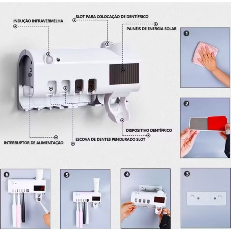 Porta Escova Dentes Com Esterilizador Uv Aplicador Pasta de Dente Suporte Dispenser Escova