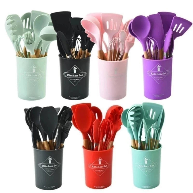 Jogo de Cozinha Kit C/12 Pçs de Silicone Utensílios e Copo Suporte para Cozinha Cabo de Madeira