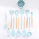 Jogo de Cozinha Kit C/12 Pçs de Silicone Utensílios e Copo Suporte para Cozinha Cabo de Madeira