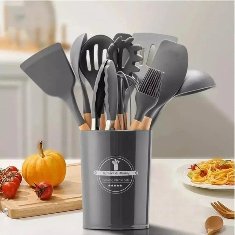 Jogo de Cozinha Kit C/12 Pçs de Silicone Utensílios e Copo Suporte para Cozinha Cabo de Madeira