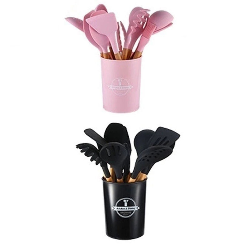 Jogo de Cozinha Kit C/12 Pçs de Silicone Utensílios e Copo Suporte para Cozinha Cabo de Madeira