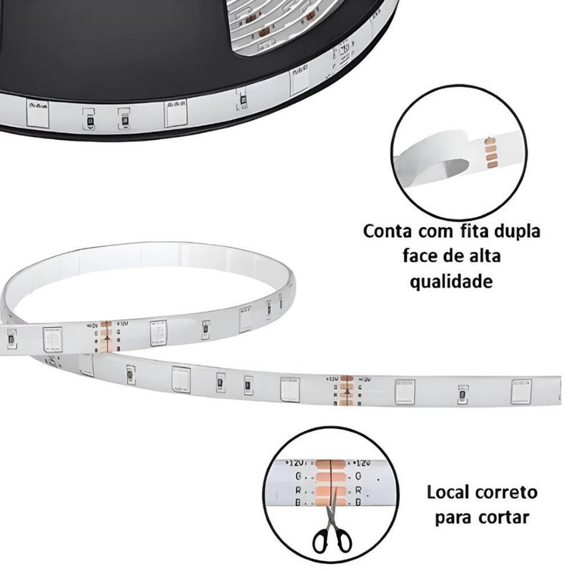 Fita LED RGB Inteligente 5M com Sensor de Som e Controle Bluetooth USB