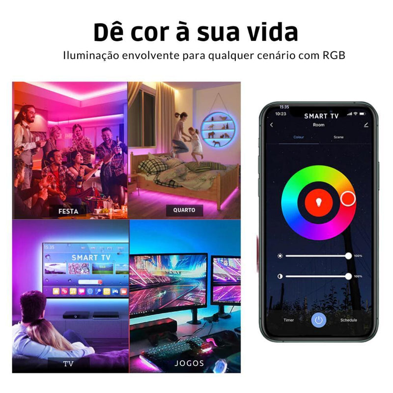 Fita LED RGB Inteligente 5M com Sensor de Som e Controle Bluetooth USB