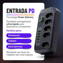 Extensão Tomada de Energia com USB - 5 Tomadas, 4 USB-A, 1 USB Tipo-C, Cabo de Alimentação