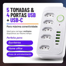 Extensão Tomada de Energia com USB - 5 Tomadas, 4 USB-A, 1 USB Tipo-C, Cabo de Alimentação