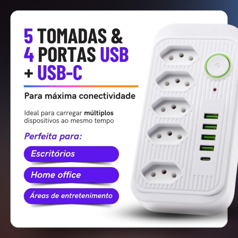 Extensão Tomada de Energia com USB - 5 Tomadas, 4 USB-A, 1 USB Tipo-C, Cabo de Alimentação