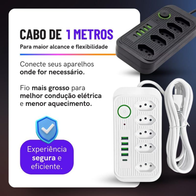 Extensão Tomada de Energia com USB - 5 Tomadas, 4 USB-A, 1 USB Tipo-C, Cabo de Alimentação