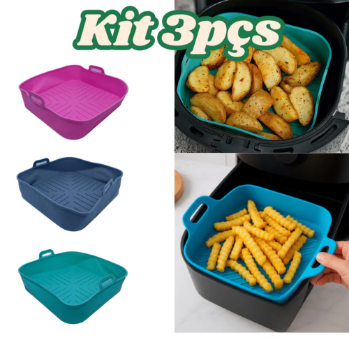 Kit 3 Forma de Silicone para Air Fryer Forno Microondas Fritadeira Reutilizável  Flexível Anti Chama