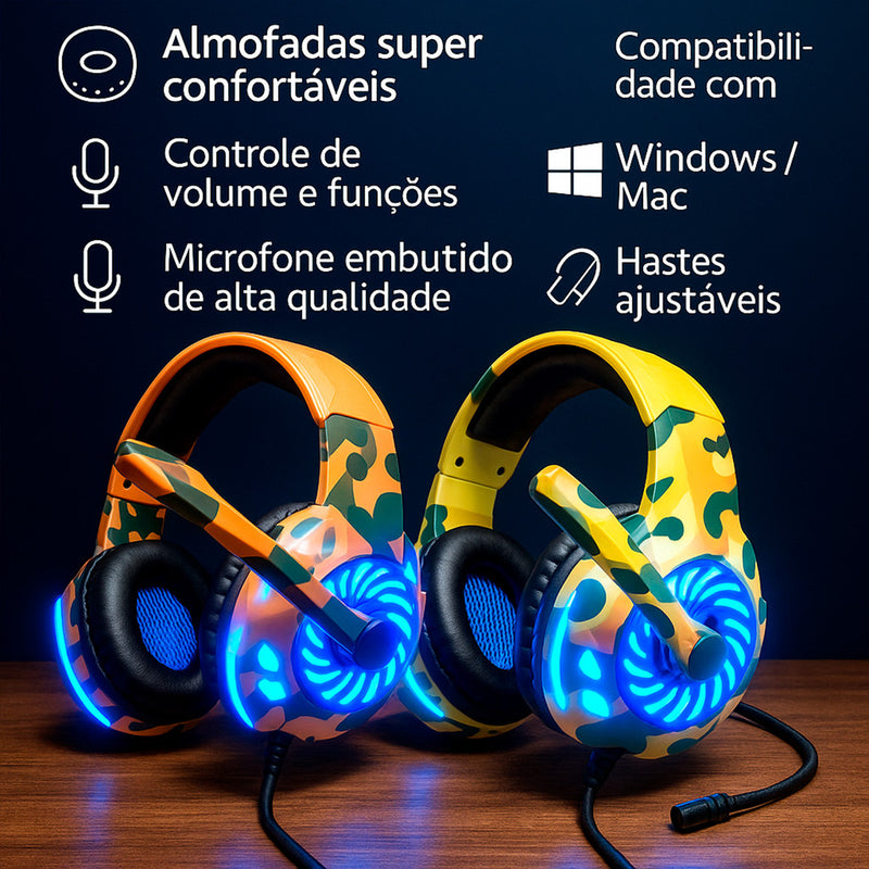 Fone Headset Gamer 7.1 Camuflado Microfone Controle P2 USB LED Pc Note Ps4 Xbox One Celular