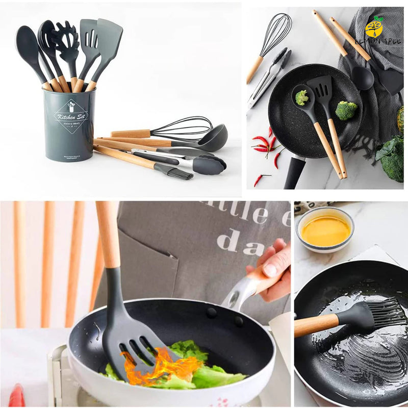 KIT 12 Peças 4 cores de Utensílios Para Cozinha em Silicone e Bambu